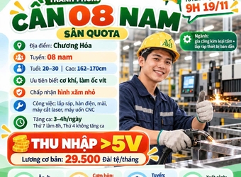 Tuyển 8 nam cơ khí Thánh Phong ở Đài Loan,Cơ hội cho LĐ Lóng Sập,Sơn La 2026