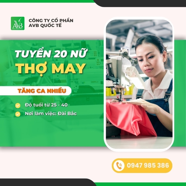 TUYỂN 20 NỮ THỢ MAY NHÀ MÁY TẠI ĐÀI BẮC 