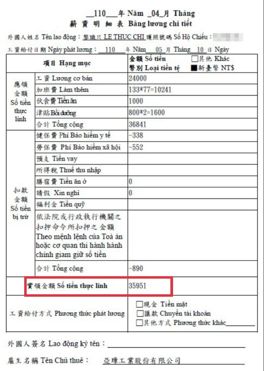 XKLD Đài Loan- Bảng lương chi tiết